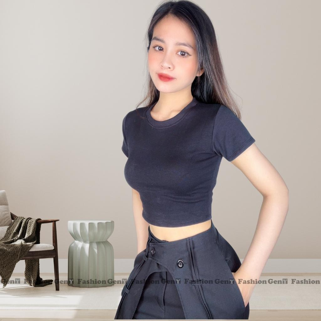 Áo croptop nữ ngắn tay cổ tròn kiểu basic GenY, Áo kiểu nữ ôm body chất borip dày dặn co dãn tốt -C38-