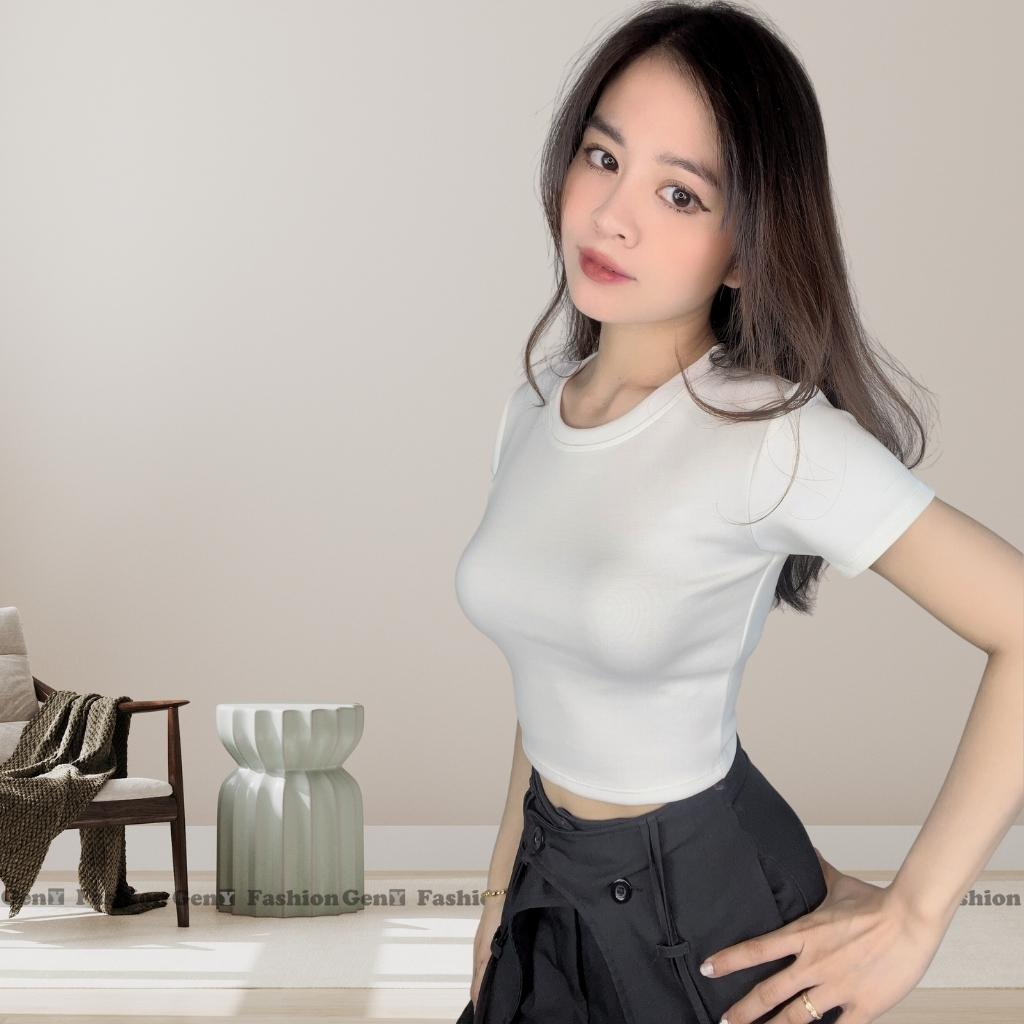 Áo croptop nữ ngắn tay cổ tròn kiểu basic GenY, Áo kiểu nữ ôm body chất borip dày dặn co dãn tốt -C38-