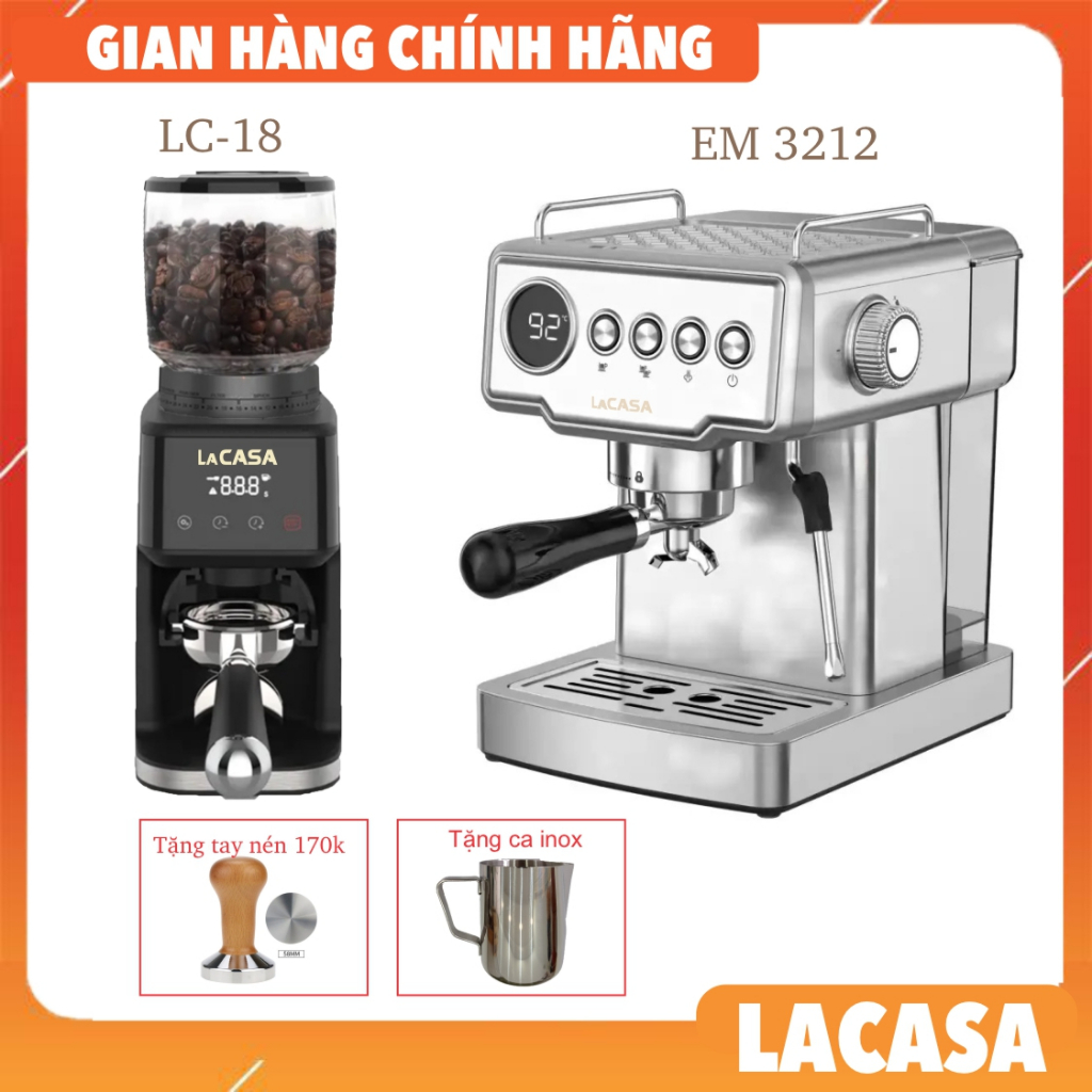 Trọn bộ máy xay và pha Espresso gia đình LaCasa EM3212 và LC18