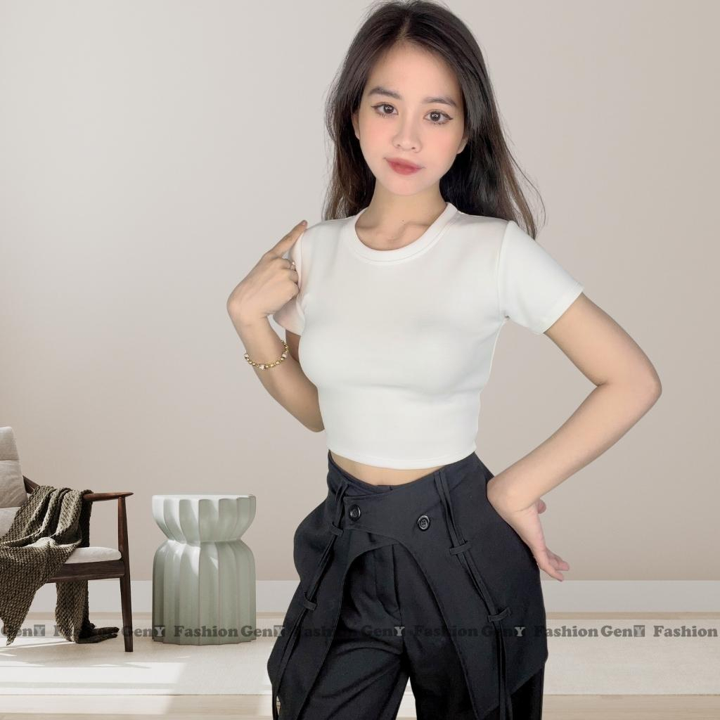 Áo croptop nữ ngắn tay cổ tròn kiểu basic GenY, Áo kiểu nữ ôm body chất borip dày dặn co dãn tốt -C38-