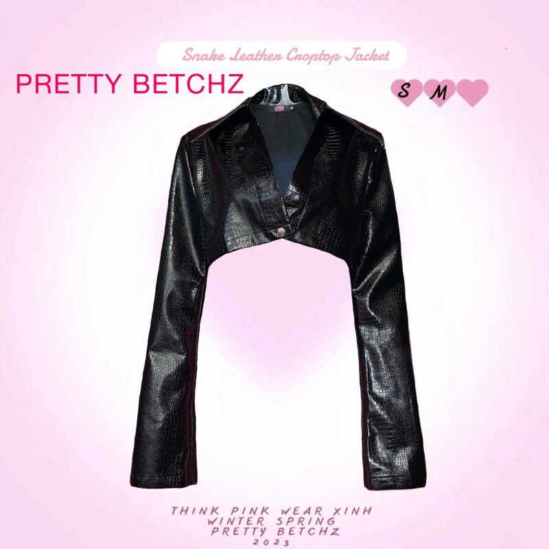 Áo khoác da gân dáng ngắn màu đen Pretty
