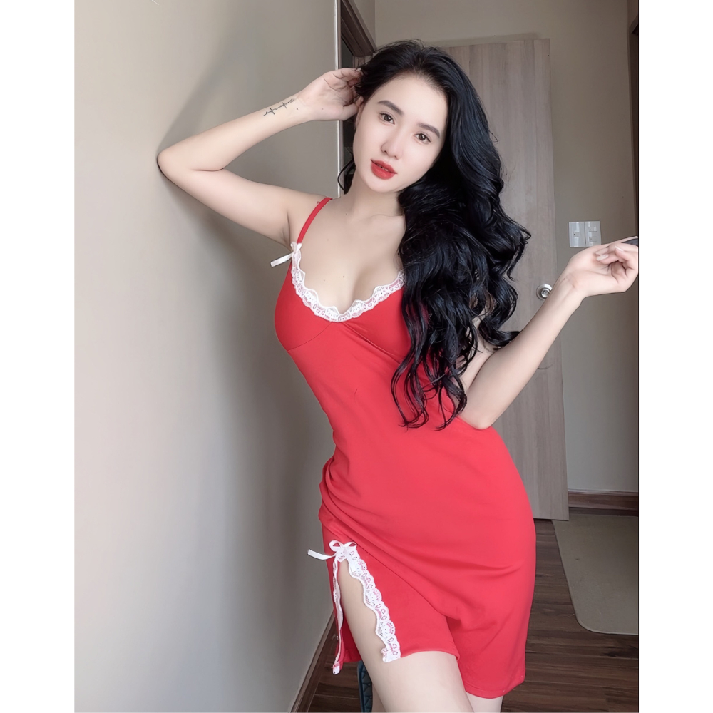 Đầm ngủ 2 dây sexy gợi cảm viền ren chất thun borip NguyễnTình Store mặc nhà thoáng mát co giãn thấm hút mồ hôi Freesize