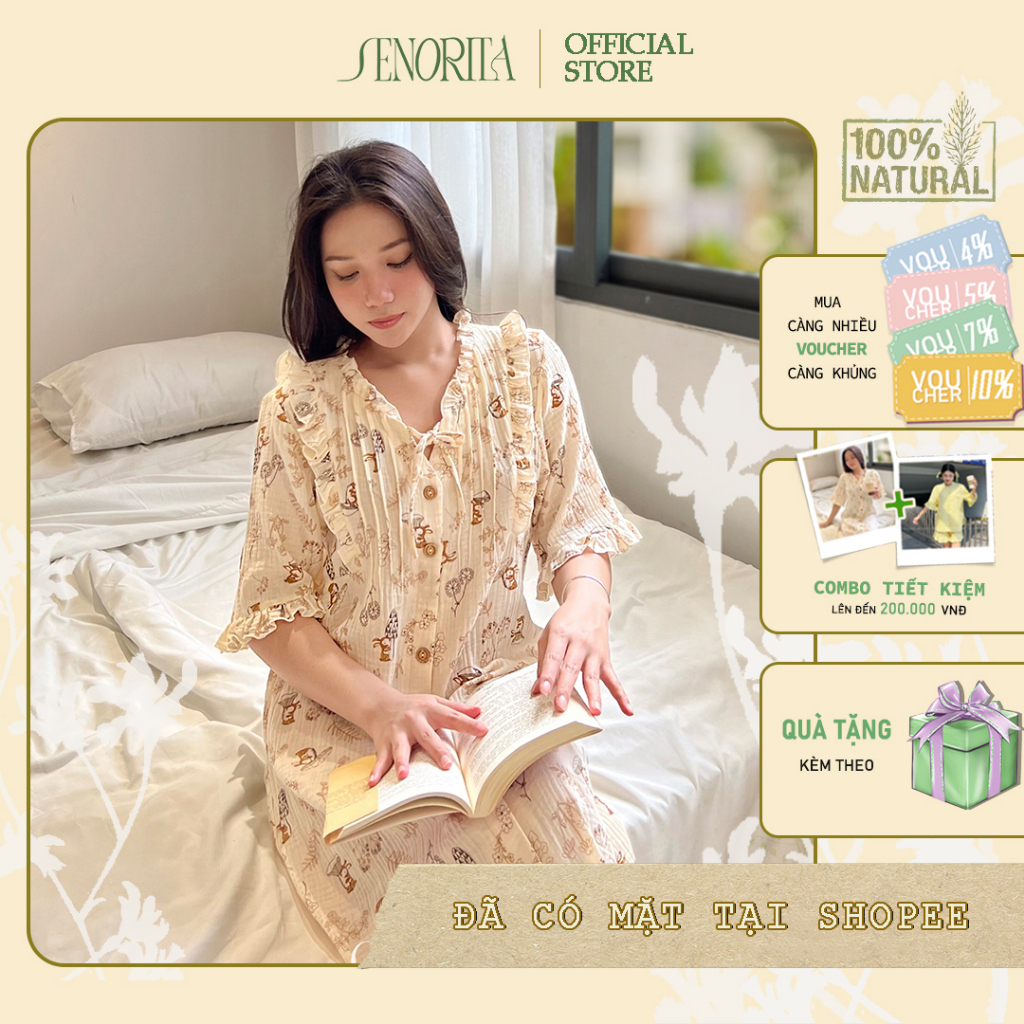 Senorita• Đầm ngủ thiết kế cột dây tiểu thư dễ thương-chất liệu Muslin cao cấp