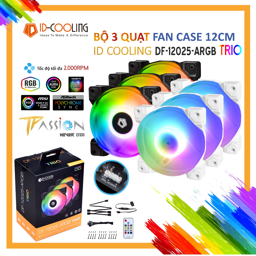 Bộ kit 3 Quạt Fan Case 12cm ID-Cooling DF-12025 ARGB TRIO | Trắng Snow edition - Chính hãng, DF12025 LED 5V Rainbow sync