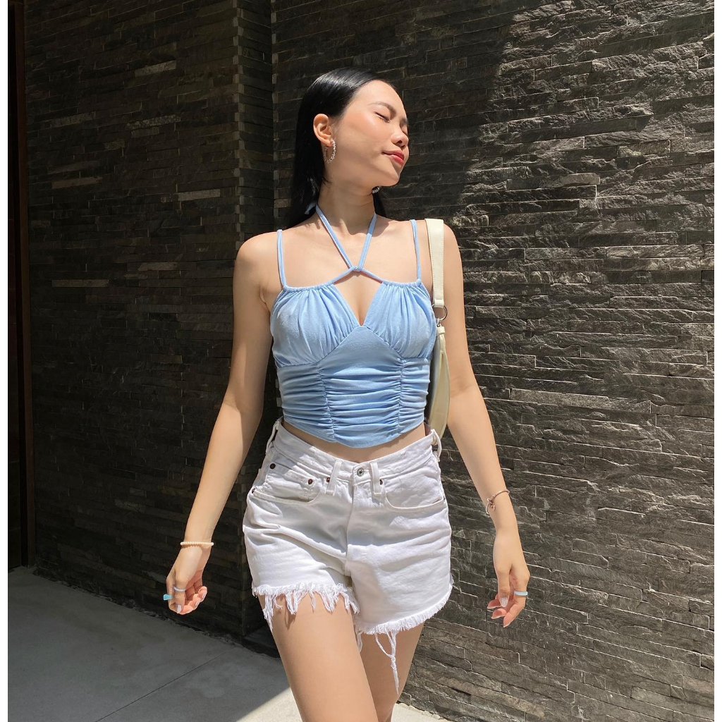 “𝗦𝗔𝗥𝗔 𝗧𝗢𝗣” áo Croptop hai dây màu trắng gạo vào xanh lastel, siêu mềm mịn