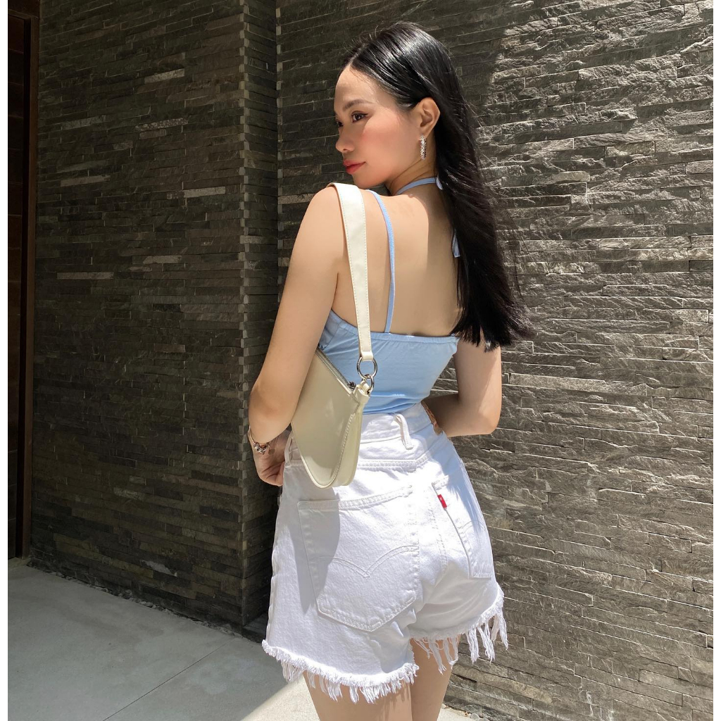 “𝗦𝗔𝗥𝗔 𝗧𝗢𝗣” áo Croptop hai dây màu trắng gạo vào xanh lastel, siêu mềm mịn
