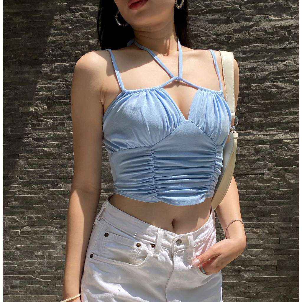 “𝗦𝗔𝗥𝗔 𝗧𝗢𝗣” áo Croptop hai dây màu trắng gạo vào xanh lastel, siêu mềm mịn