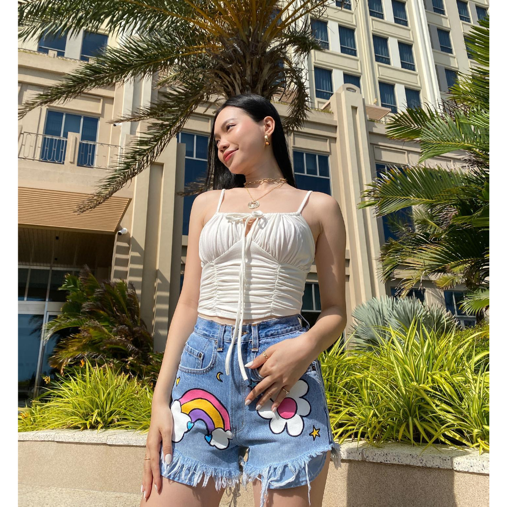 “𝗦𝗔𝗥𝗔 𝗧𝗢𝗣” áo Croptop hai dây màu trắng gạo vào xanh lastel, siêu mềm mịn