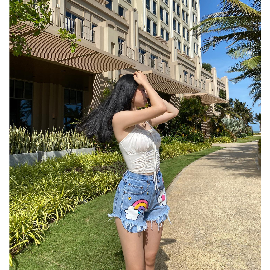 “𝗦𝗔𝗥𝗔 𝗧𝗢𝗣” áo Croptop hai dây màu trắng gạo vào xanh lastel, siêu mềm mịn