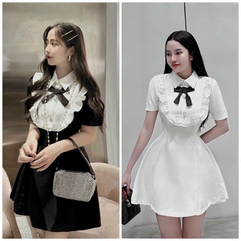 Đầm tapta xoè phối cổ kèm nơ