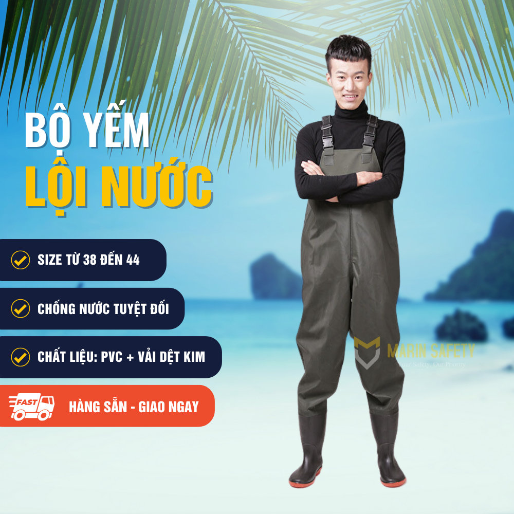 Quần áo lội nước màu xanh rêu, áo yếm chất liệu PVC chống nước dùng trong nhiều ngành nghề