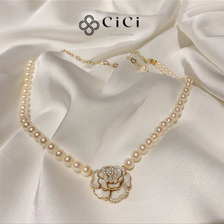Vòng cổ nữ ngọc trai nhân tạo CiCi Accessories chuỗi hạt mặt hoa trà màu trắng phụ kiện trang sức thanh lịch - VC01
