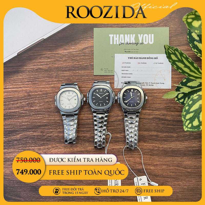 Đồng hồ nam chính hãng đẹp dây thép mặt vuông thời trang cao cấp chống nước giá rẻ ROZIDA DH17