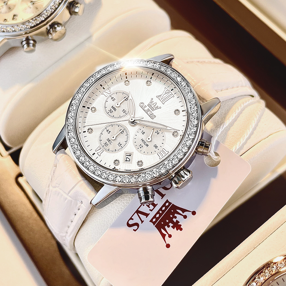 OLEVS Đồng hồ nữ dây da chính hãng đa chức năng lịch ngày ba mắt sáu kim chronograph dạ quang chống thấm 9933 nước