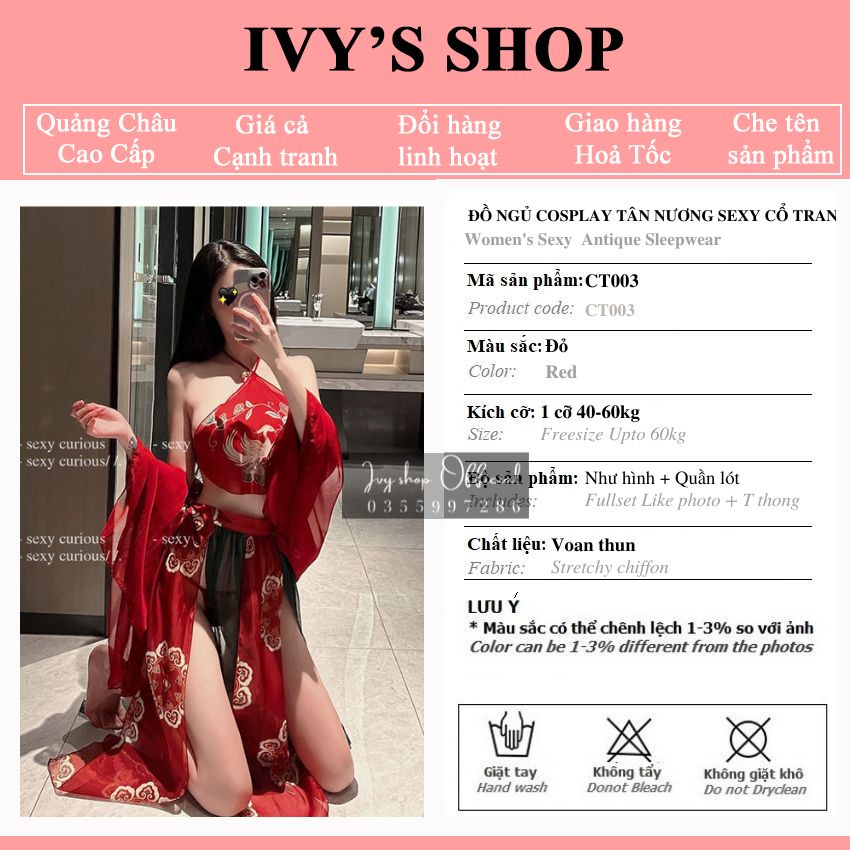 Bộ Đồ Ngủ Cổ Trang Tân Nương Gợi Cảm - CT003 đỏ set gồm yếm, chân váy Khăn choàng và quần chip T