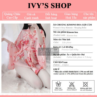 Áo choàng ngủ nữ voan hoa Kimono Nhật bản hoạ tiết hoa anh đào - Kimono hồng