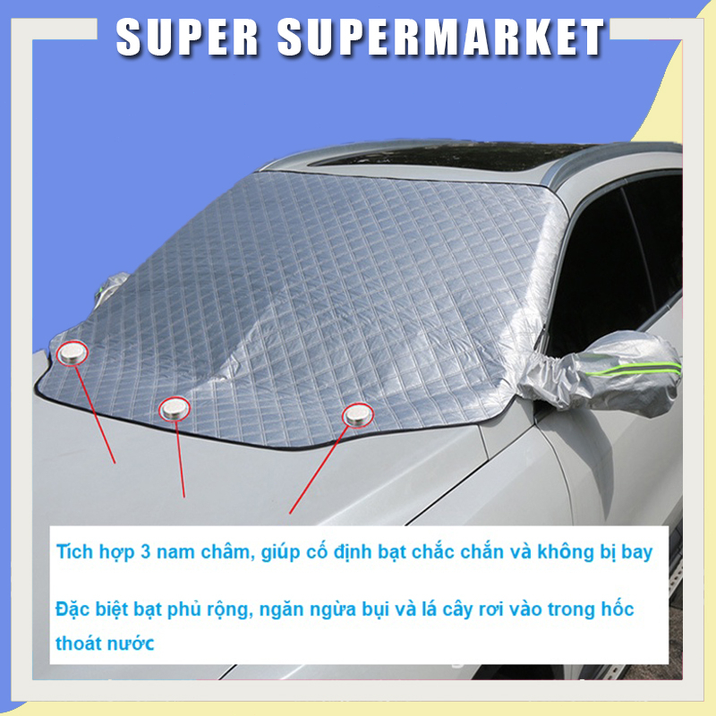 Bạt che chắn nắng kính lái ô tô 4 lớp dày dặn có dây cài và tích hợp nam châm giữ cố định ( có túi đựng)