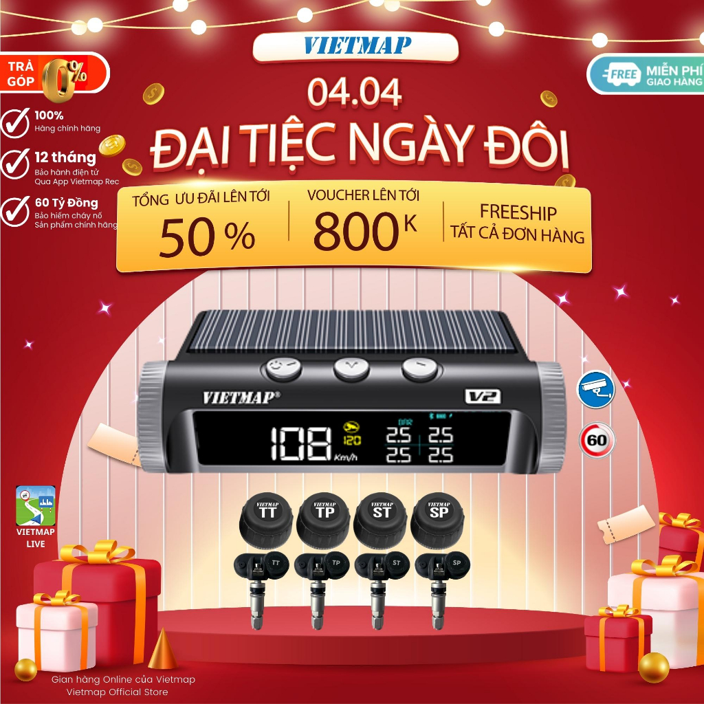 VIETMAP V2 - Cảm biến áp suất lốp tích hợp Cảnh báo tốc độ & Camera Giao thông - Hàng chính hãng