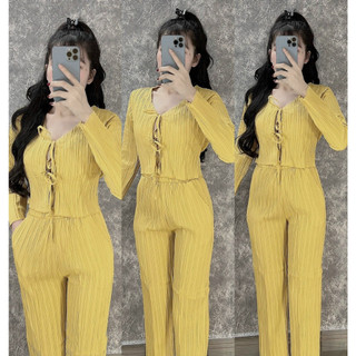 Set bộ đồ nữ áo croptop tay dài cổ V cột dây mix quần dài ống rộng, Sét đồ bộ croptop tay dài thắt nơ M725 - YADO