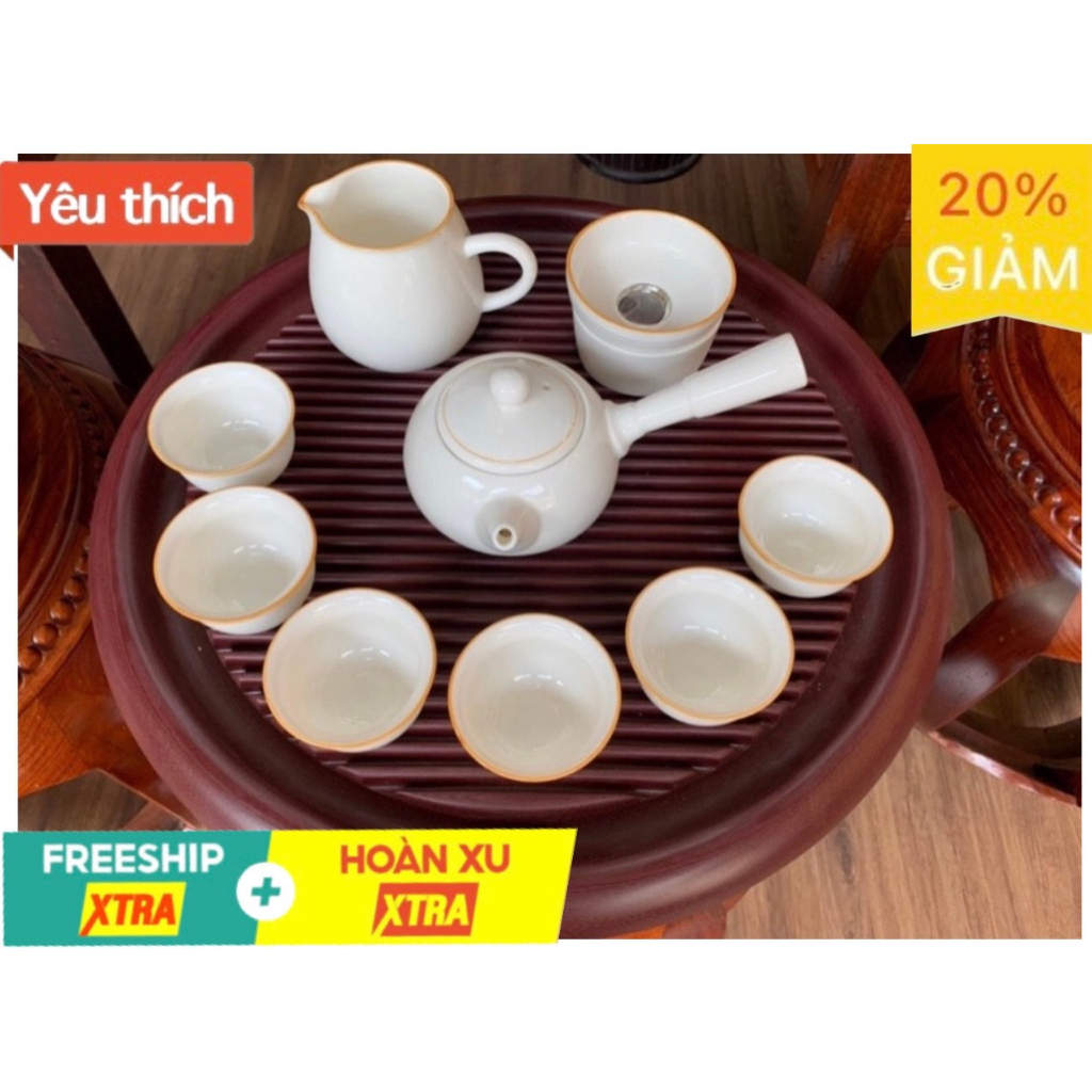 Bộ 1 ấm, 6 chén, 1 tống, 1 lọc. tất cả sản phẩm làm bằng sứ màu trắng