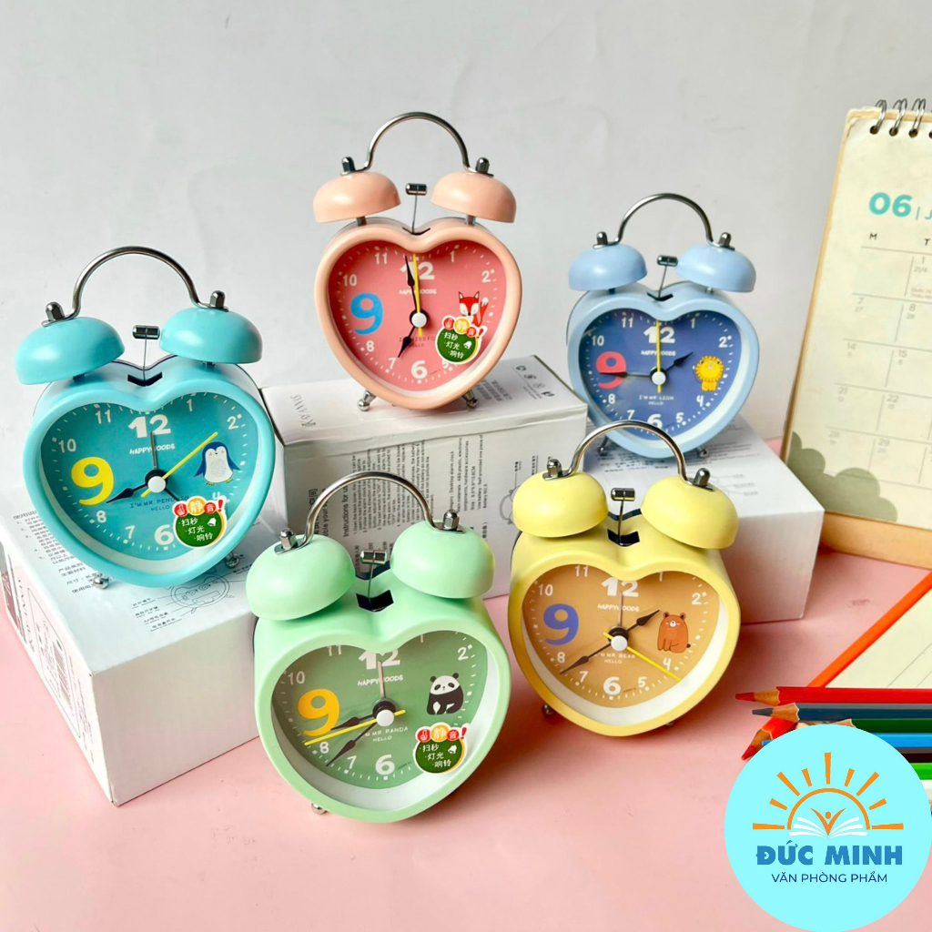 (Bảo hành)Đồng hồ báo thức sắt trái tim, CÓ ĐÈN, kêu to, nhiều hình, nhiều màu Cute hoạt hình dễ thương - vpp Diệp Lạc