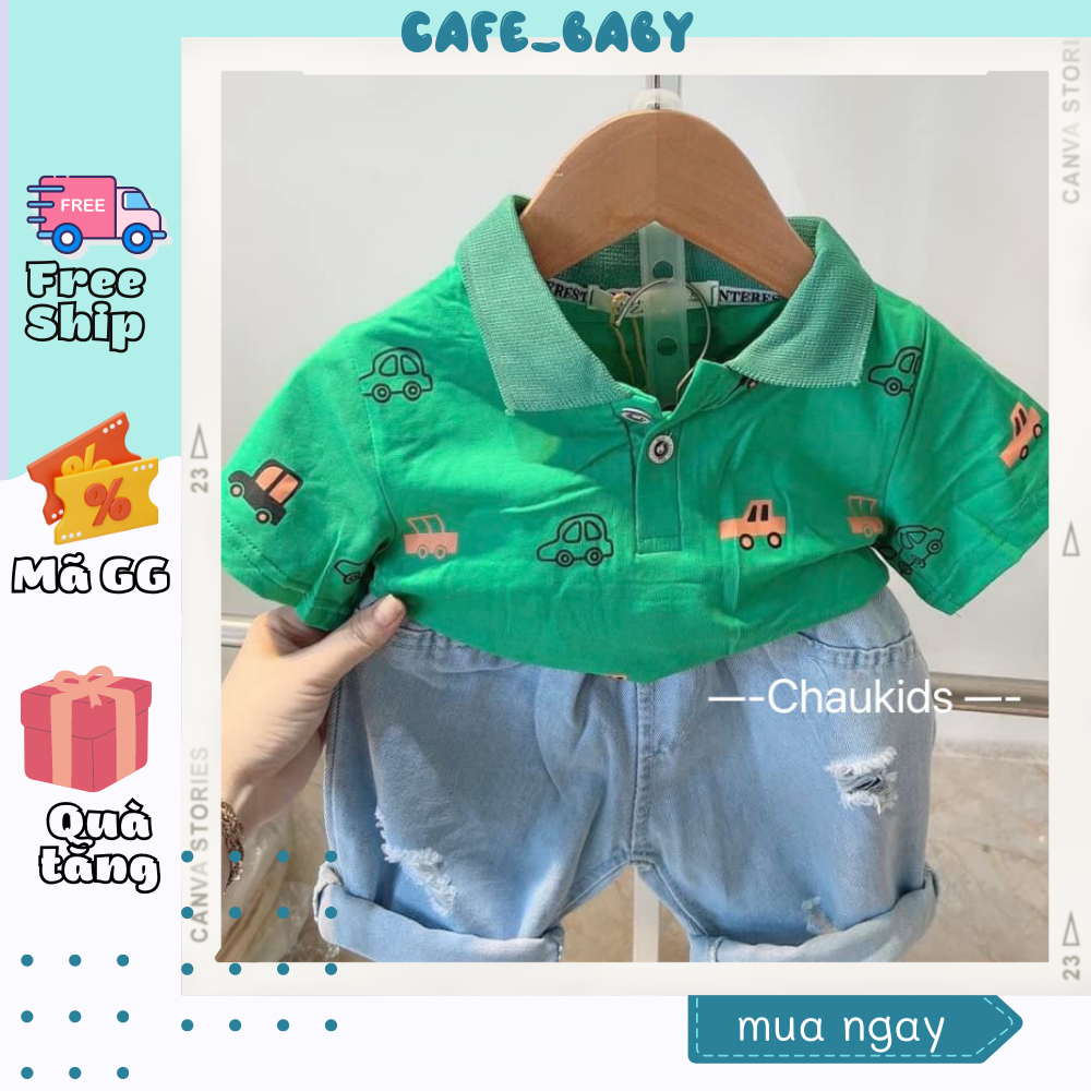 Set Bộ Polo Cho Bé Trai Chất Liệu Cotton-Jean Cao Cấp In Hình Dễ Thương Bé Diện Xuân Hè - CAFE_BABY050