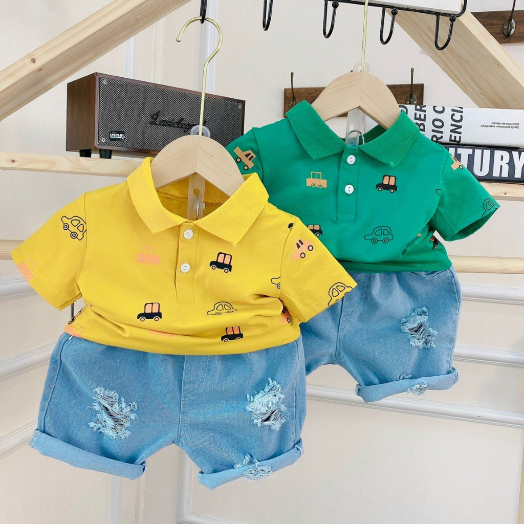 Set Bộ Polo Cho Bé Trai Chất Liệu Cotton-Jean Cao Cấp In Hình Dễ Thương Bé Diện Xuân Hè - CAFE_BABY050
