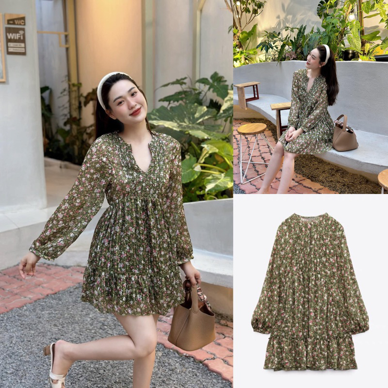 Đầm Zara Đầm mini váy mini dập ly hoa nhí Zara xuất dạo phố du lịch V066 Váy Zara