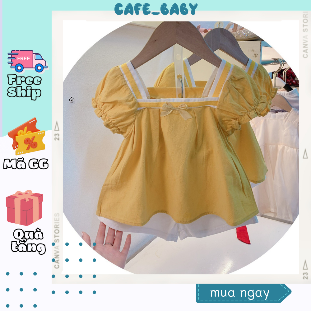 (8-18kg) Bộ Áo Quần Bé Gái Babydoll Áo Vàng Cổ Vuông Kết Hợp Quần Kaki Thô Trắng Xinh Xắn CAFE_BABY038