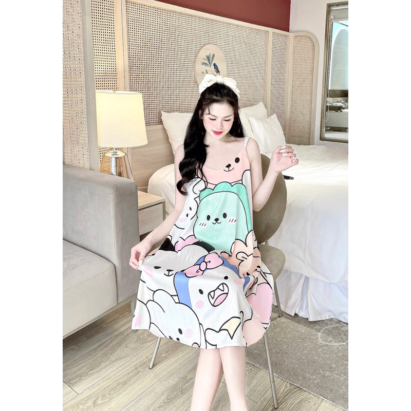 Váy ngủ 2 dây dễ thương, đầm mặc nhà chất lụa xước ánh kim mịn mát, free size dưới 65kg | BigBuy360 - bigbuy360.vn