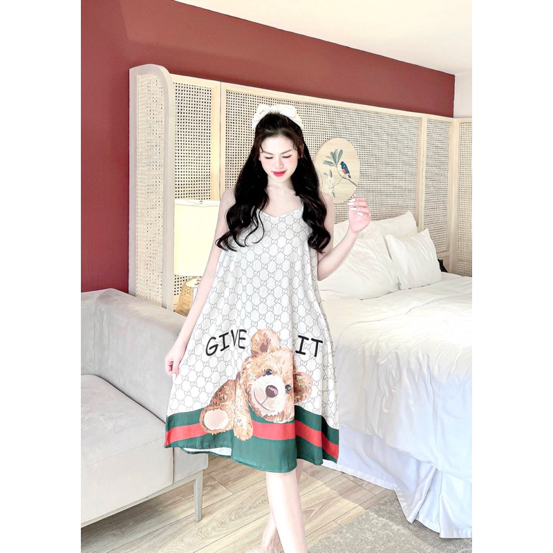 Váy ngủ 2 dây dễ thương, đầm mặc nhà chất lụa xước ánh kim mịn mát, free size dưới 65kg | BigBuy360 - bigbuy360.vn