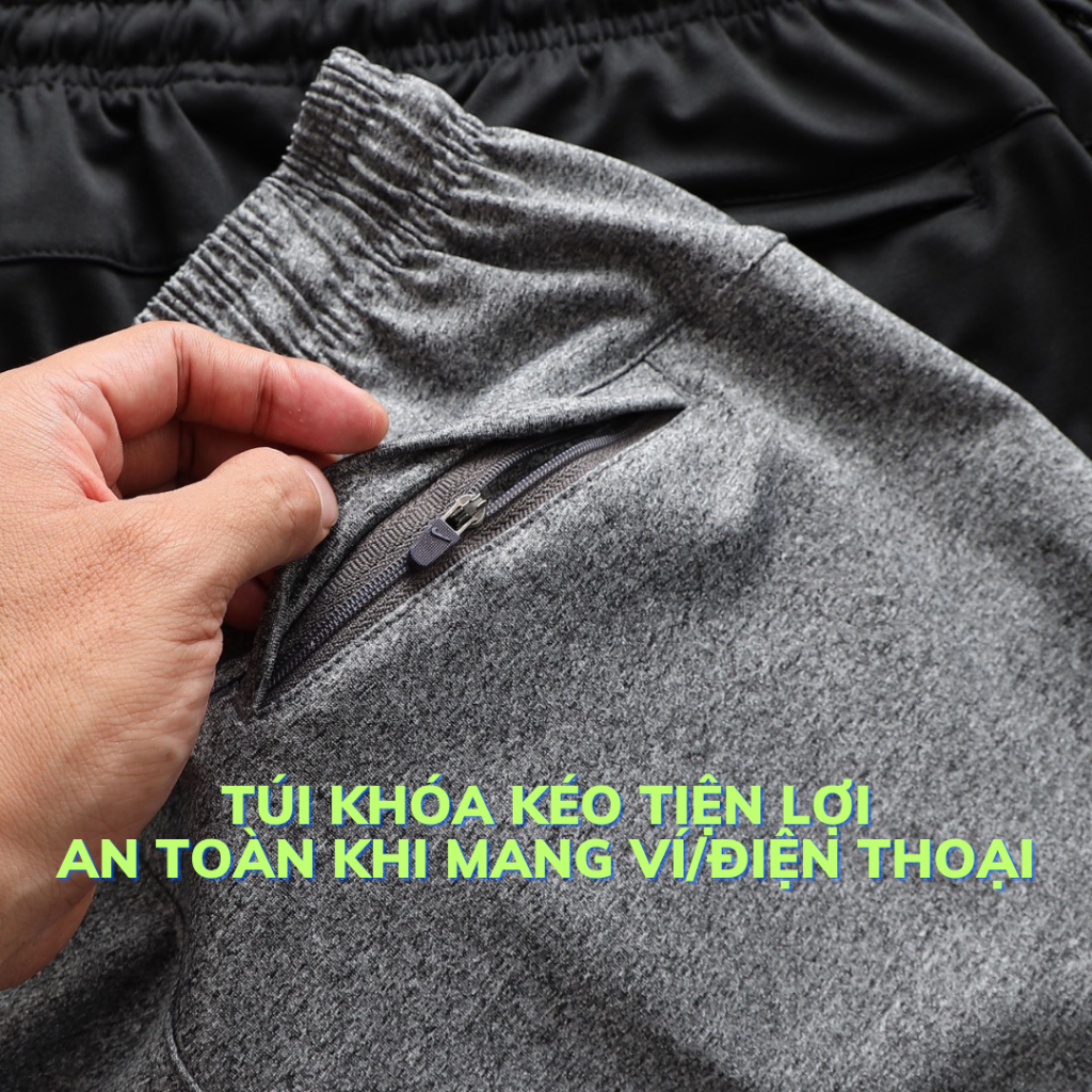 Quần Tập Gym Nam Kiểu Sẻ Tà Túi Khóa Kéo Logo Phản Quang Chất Thun Poly