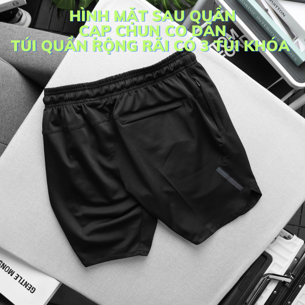 Quần Tập Gym Nam Kiểu Sẻ Tà Túi Khóa Kéo Logo Phản Quang Chất Thun Poly
