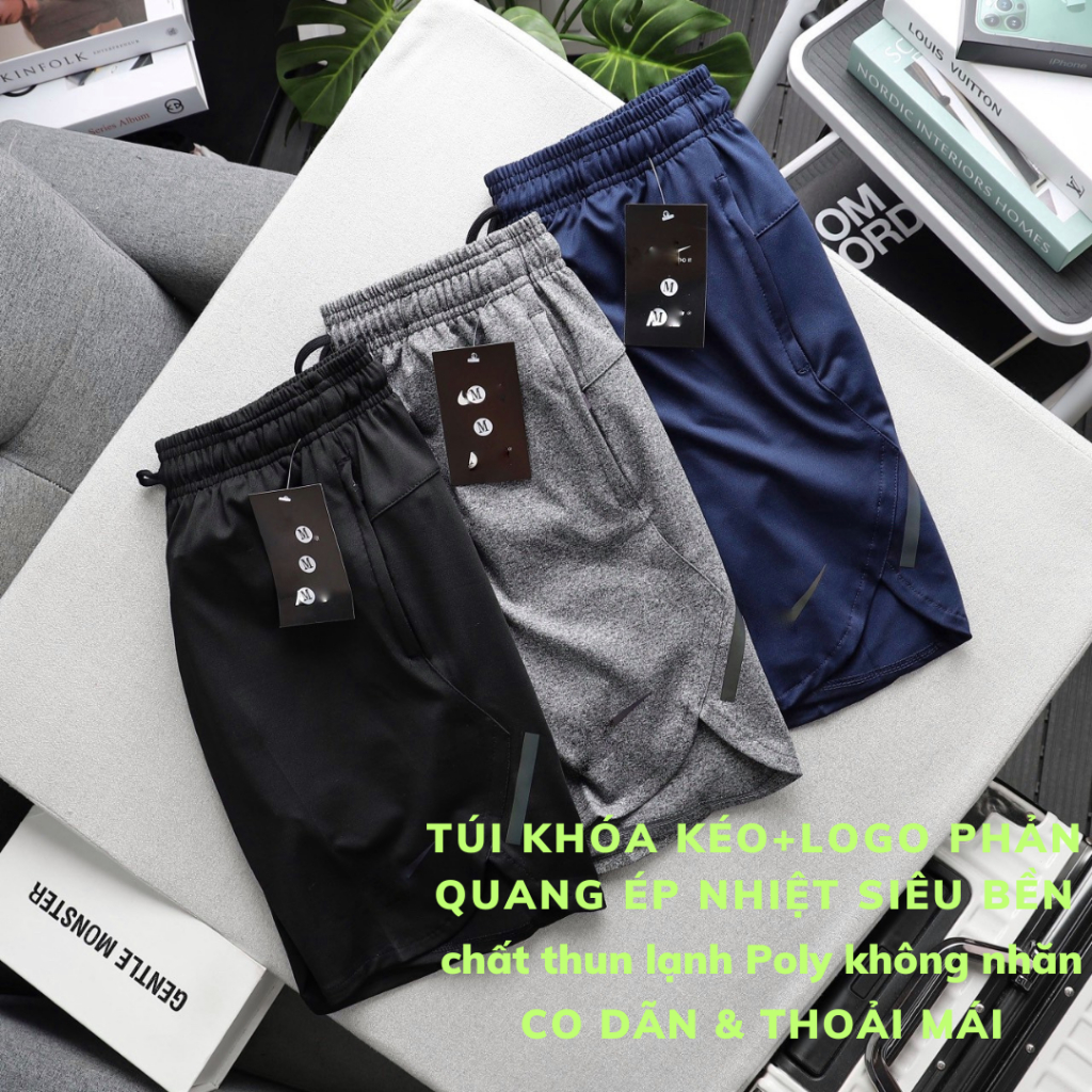 Quần Tập Gym Nam Kiểu Sẻ Tà Túi Khóa Kéo Logo Phản Quang Chất Thun Poly