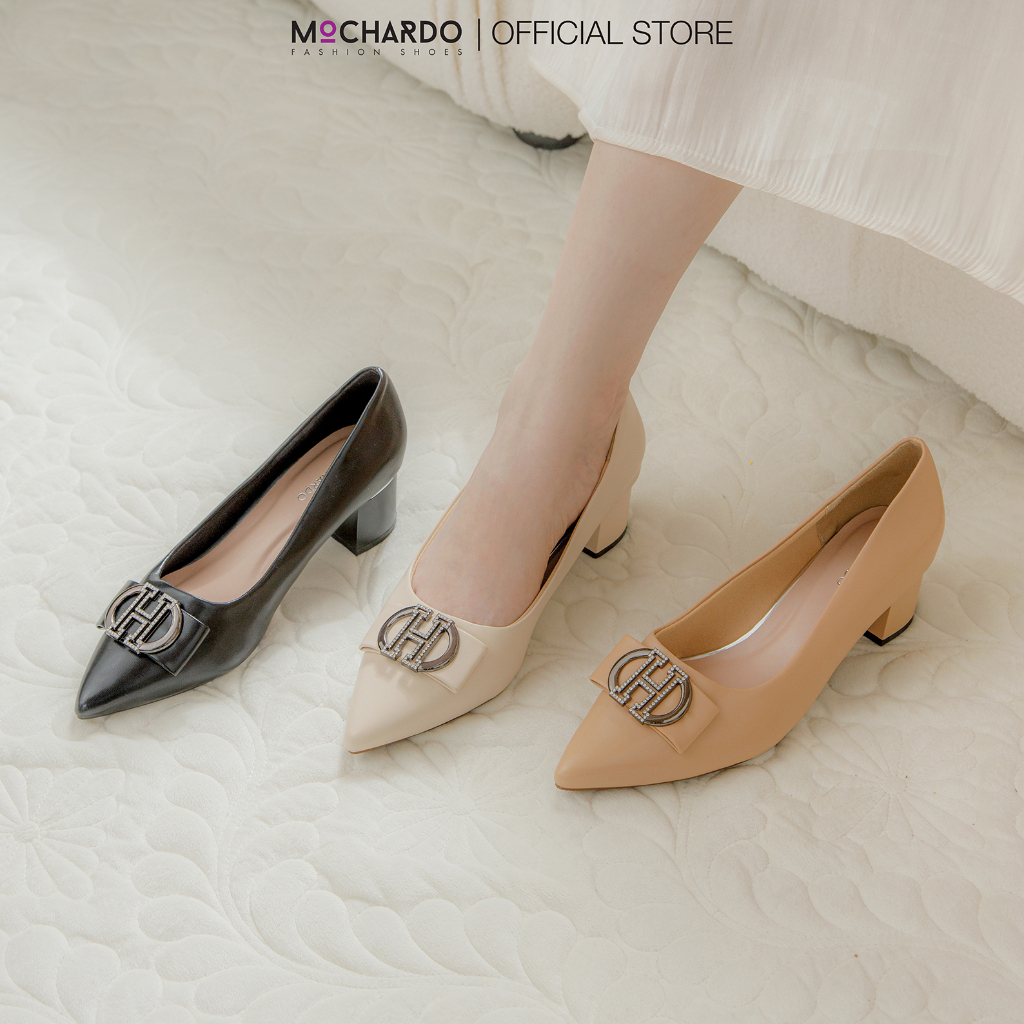 Giày Công Sở Nữ MOCHARDO V3 Mũi Nhọn Thời Trang Công Sở Da Trơn Đính Khóa Chữ H Đế Vuông 4cm