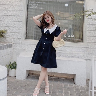 ĐẦM thiết kế tiểu thư VÁY CỘC TAY có CÚC NGỌC cổ trắng công sở BIGSIZE từ 55kg đến 95kg vải co giãn tốt VCT04 Huyền Lucy
