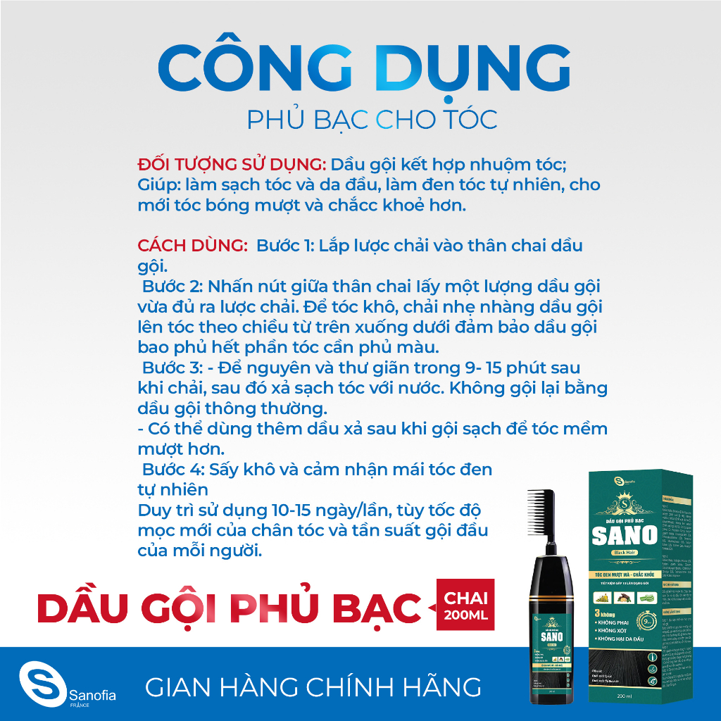 Dầu gội phủ bạc Sano Black Hair, giúp làm đen tóc tự nhiên, suôn mượt và chắc khỏe từ thảo dược tự nhiên- Chai 200ml