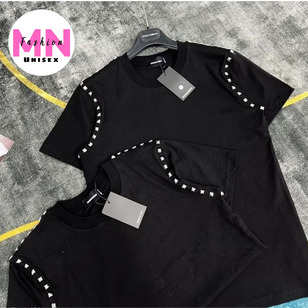 Áo Thun Đính Đá Theo Viền Vai Chất Cotton Dáng Rộng Nam Nữ