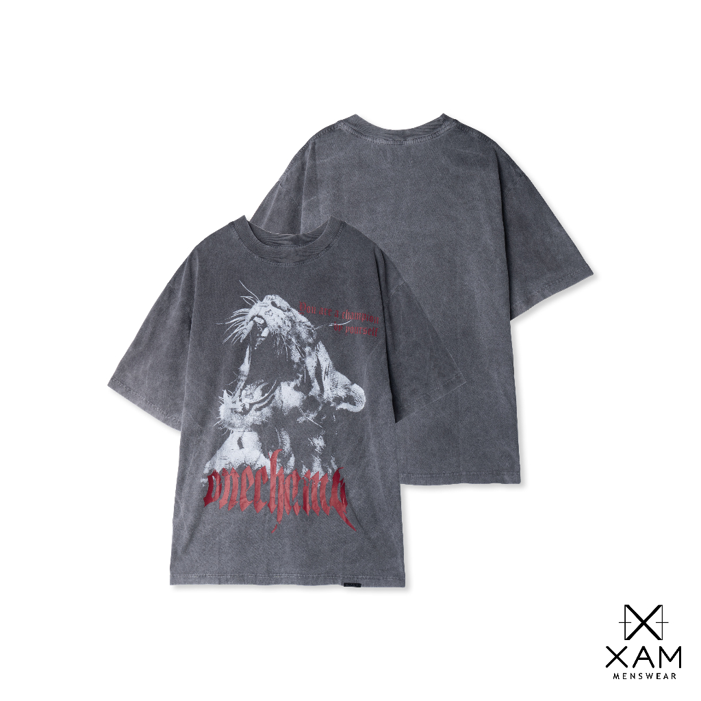 Áo thun nam cotton wash ONECHAMP TIGER form oversize, phong cách streetswear, bụi bặm