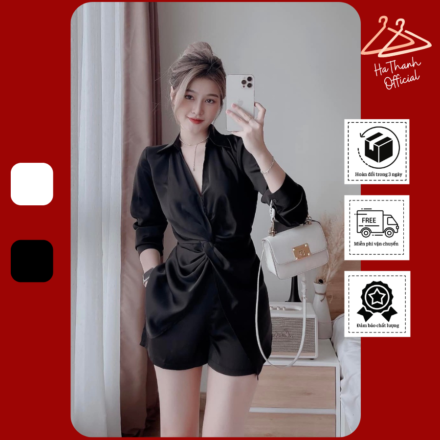 Set quần áo nữ Hà Thanh set bộ nữ sơ mi xoắn eo lụa tằm kèm quần đùi phong cách hai màu trắng đen siêu xinh