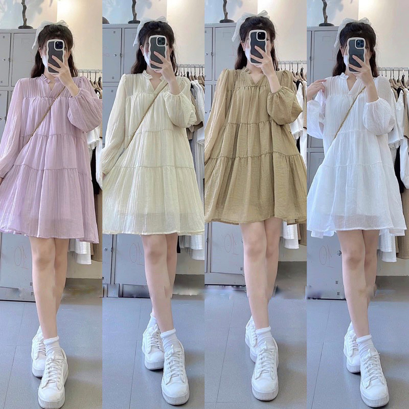 Đầm BBD voan 2 lớp cổ v xếp ly tay lửng dây cột eo 3 màu freesize Pumi 14361