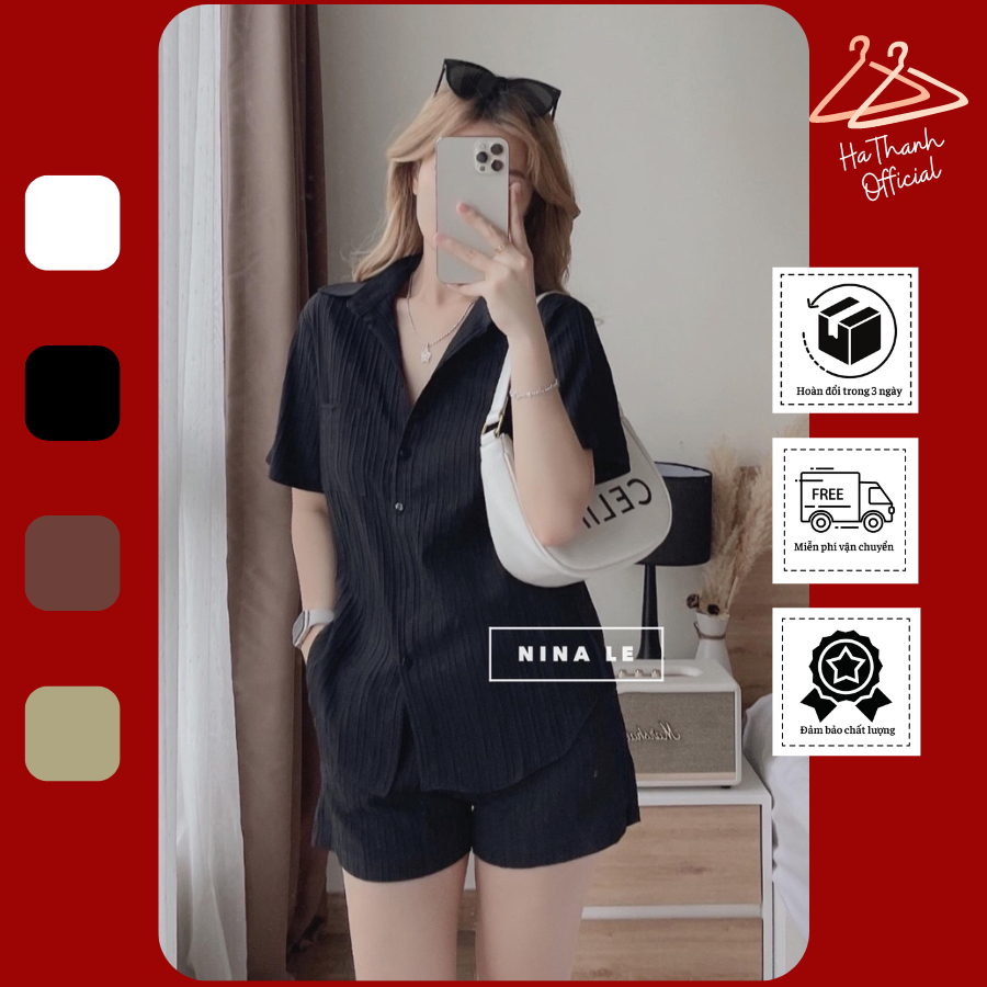 Set bộ nữ quần đùi vải xốp Hàn xẻ tà thắt nơ lưng - Set cộc tay nữ xẻ sau
