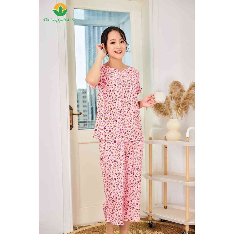 Bộ lanh mặc nhà VT nữ quần lửng áo cộc tay Chất lanh mềm mại, thoáng mát - B06.2208