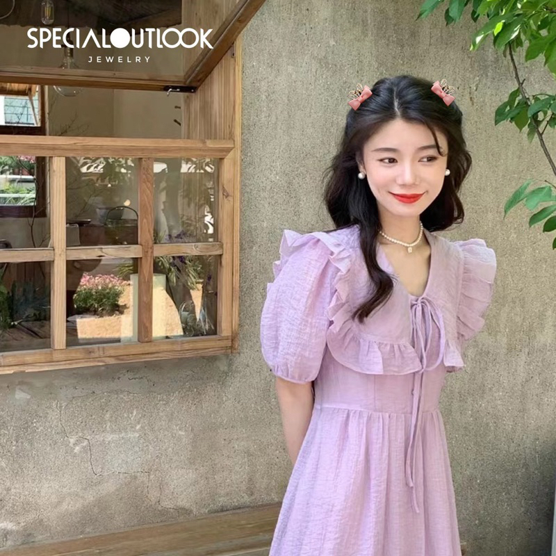 Đầm Cổ Bèo Phối Nút Ngọc Chất Tơ Nhăn Hai Lớp