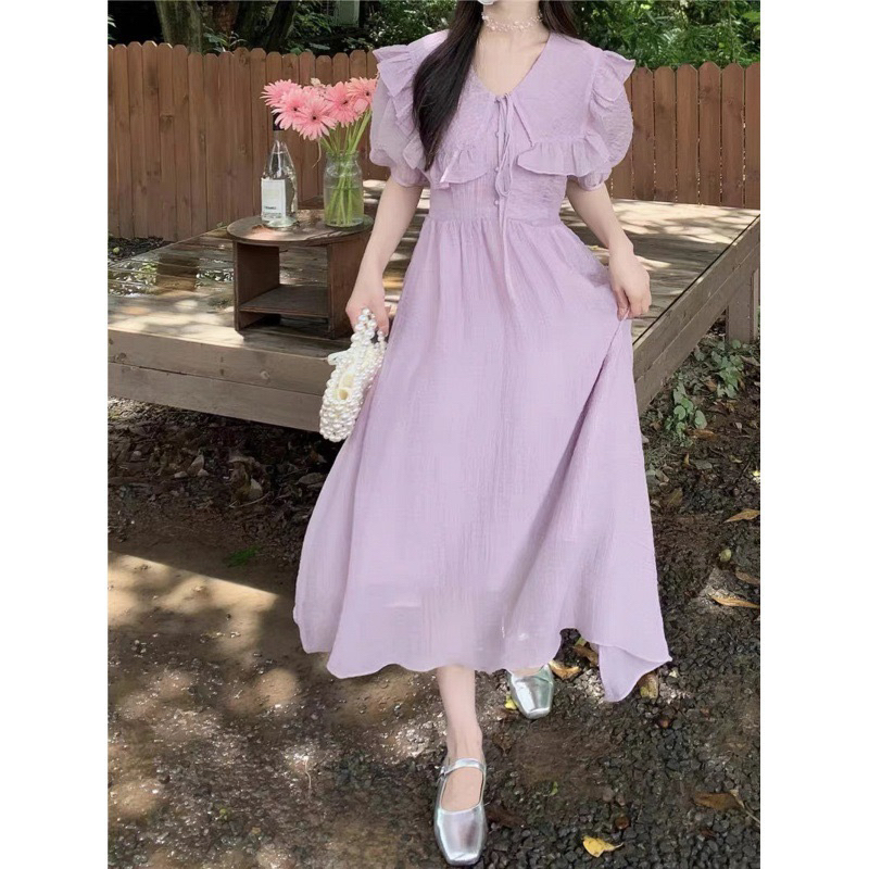 Đầm Cổ Bèo Phối Nút Ngọc Chất Tơ Nhăn Hai Lớp