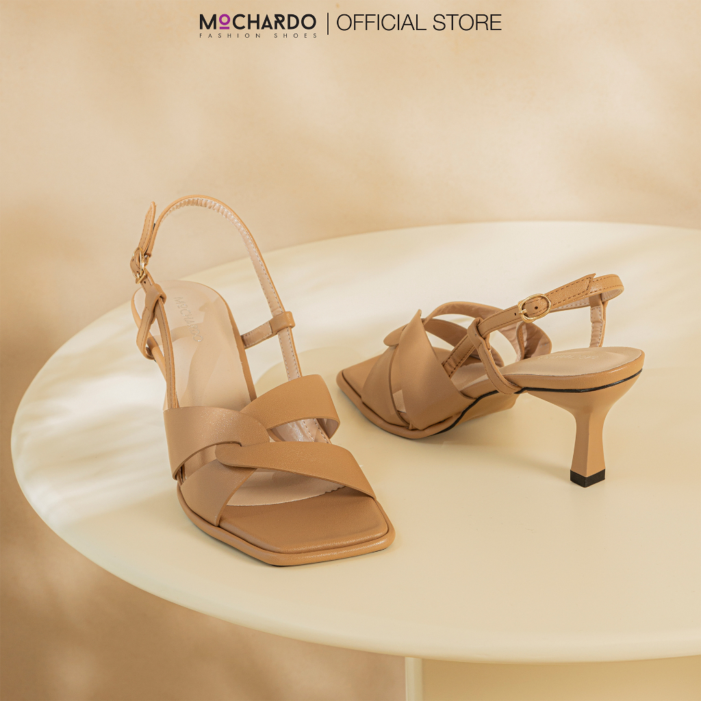 Giày Sandal Nữ Cao Gót Morchado MC.1 Mũi Vuông, Da Trơn Phối Quai Đan Chéo Gót Nhọn 6cm