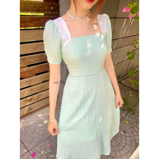 Đầm xanh dự tiệc cổ vuông dáng xòe nhẹ tay ngắn xinh thanh lịch thiết kế cao cấp đi tiệc đi làm eo tôn dáng - Lux W