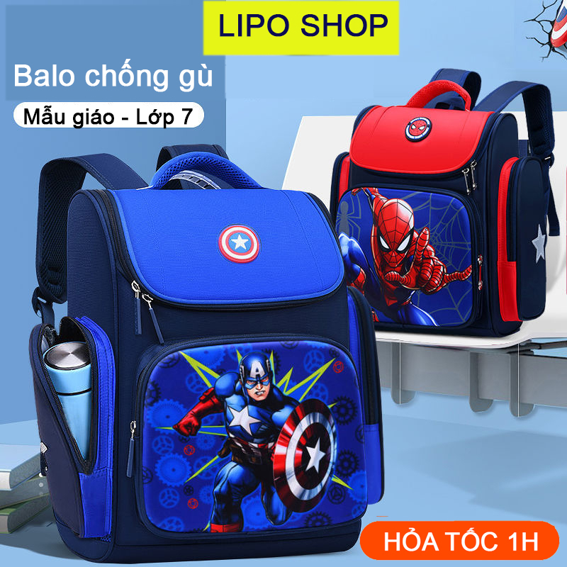 Balo đi học cho bé trai, bé gái chông gù siêu nhẹ cho lớp 1/2/3/4/5/6 hình captain/người nhện/spiderman