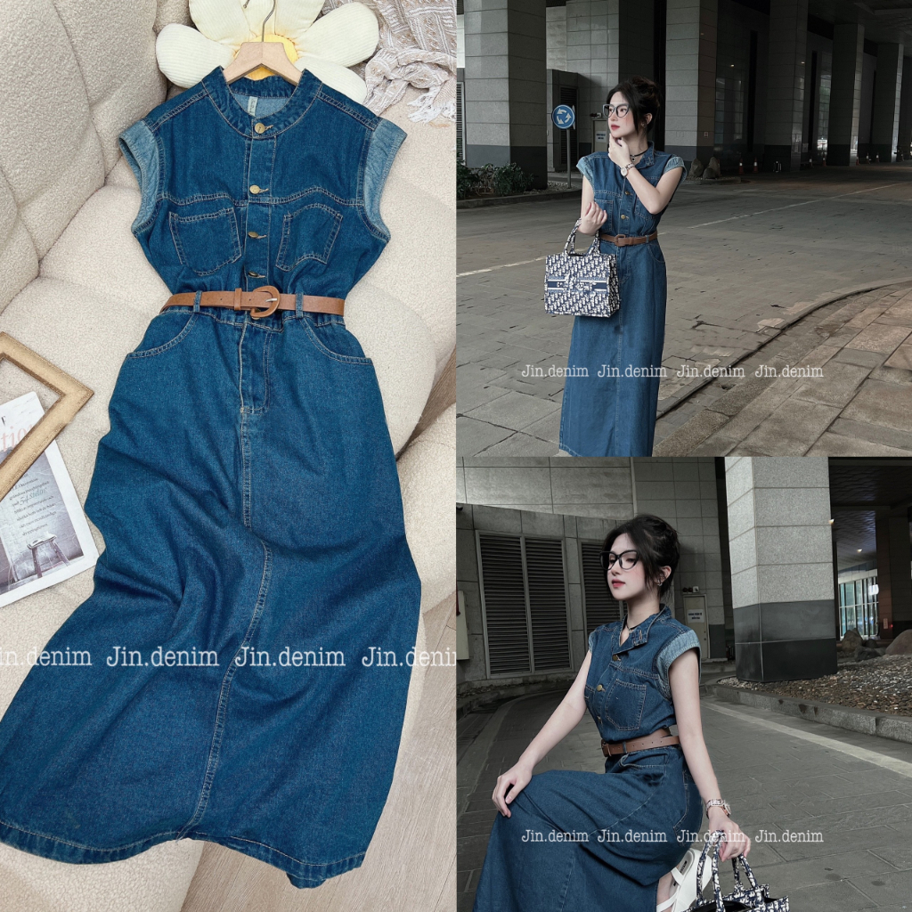 Váy đầm jean cộc tay dáng dài, cổ đức, dáng xuông kèm belt chun eo thiết kế cao cấp 012