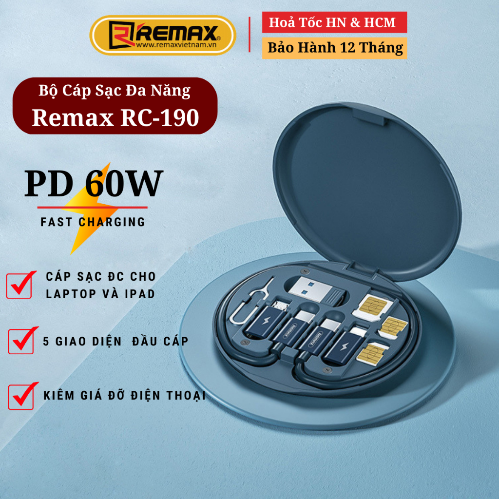 Bộ Dây Cáp Sạc Dữ Liệu Đa Năng 5in1 Sạc Nhanh 60W Tích Hợp Giá Đỡ Điện Thoại Remax Việt Nam RC-190 - Bảo Hành 12 Tháng